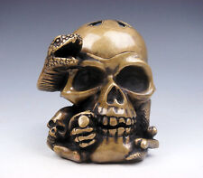 Vintage Fine Brass Crafted Human Skull Skeleton Snake Tangled AWESOME HOME DECOR picture