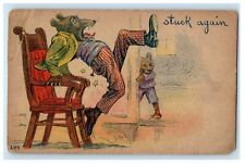 1907 Anthropomorphic Bear Nail Stuck His Butt Write Away Funny Comic Postcard picture