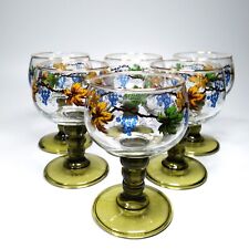 6 Roemer Glass Wine Goblets 3 Ball Green Stem Grapes Leaves Painted on Gild Bowl picture