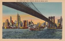 c1940 Lower New York Through Brooklyn Bridge Arch, NYC. Linen Unposted picture