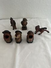 Lot Of 6 ANRI Wood Carved Figurines Made In Italy. 3 Toothpick Holders, 3 Others picture