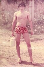 1980s Young Shirtless Brunette Man Muscular Guy Trunks Bulge Vintage Photo picture