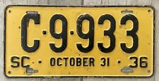 1936 South Carolina License Plate -  Nice Original Paint Condition picture