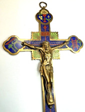 † SCARCE HUGE ANTIQUE CHAMPLEVE ENAMEL COLORFUL NUN'S CELL WALL CRUCIFIX 8 1/8
