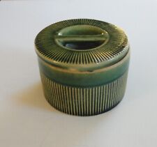 Antique Hull Pottery Yellow Ware Green Carved Lidded Jar Canister Circle H Mark picture