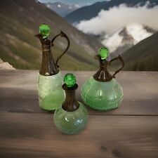 VTG Set Of 3 Wine/ Liquor Green Glass Decanters Each Unique Made In India picture