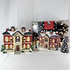 Vtg 1995 MERVYNS Christmas Village Square Lighted SCHOOL HOUSE In Original Box picture