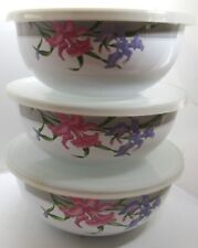 Vintage Mixing Bowls Set with Lids/3 GMI Enamelware Floral Nesting Cottage Retro picture