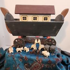 Rustic Vtg Wooden Noahs Ark With Carved Animals On Wheels Decor 7in High 10 Wide picture