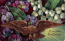 Golden Eagle With Gorgeous Violets & Lily of the Valley-1909 Birthday PC-1460 c picture