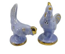 Vintage Ceramic Rooster And Hen Salt And Pepper Shakers Blue Gold picture