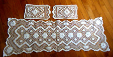 Antique 20s Italian Runner linen h knotted darned fillet net +2 dollies Sicilian picture
