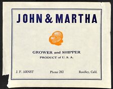 c1925 Paper Fruit Crate Label - J. F. Arnst John & Martha Oranges Reedley, Calif picture