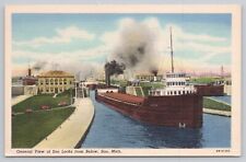 Postcard View of Soo Locks from Below, Soo, Michigan Vintage picture