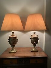 Lot Pair Of (2) Leviton 1970’s Samovar Lamps Brass Colored Funky 28” Tall picture
