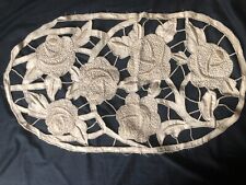 Antique French Hand Crafted Embroidery Roses Cutwork Linen Table Runner c1910 picture