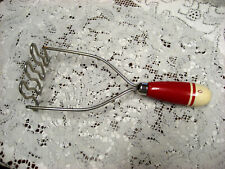 Vintage Red Wooden Handle Potato Masher Very Old Kitchen Utensil picture