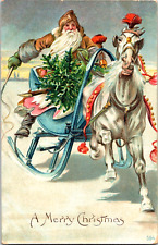 c1910 GERMANY Christmas Postcard Gold Silver Suited Santa Blue Sled White Horse picture