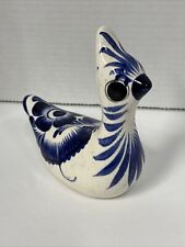 Vintage Mexican Bird Pottery Figurine Blue White Glazed Folk Art picture