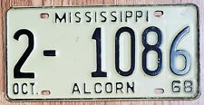 1967-68 MISSISSIPPI MS LICENSE PLATE TAG # “2-1086”; ALCORN COUNTY – VINTAGE picture