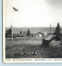 Fort Michilimackinac Mackinaw City Michigan American Flag Log Cabin  Postcard C2 picture