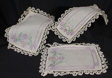3 Vtg Completed Embroidery Doilies Runners Set Lot Purple Flowers Crochet Trim picture