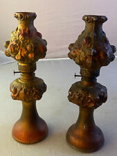 Antique c1915 Pair Goofus Glass Oil Lamps Embossed Roses picture