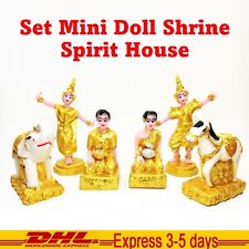 Set Mini Doll Shrine Spirit House Altar Thai Buddha Resin Gold Writing Phra Phum picture