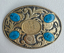 Western style belt buckle, ornate design and turquoise stones picture