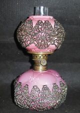 ITEM #414  VV Rare Antique Pink Cased Cone/Filigree Art Glass Miniature Oil Lamp picture