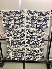 Japanese Vintage Kimono pure silk White navy blue village grass Height 58.26inch picture