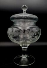 Vintage Glass APOTHECARY JAR FROSTED ETCHED  COVERED  Applied Blown Base picture
