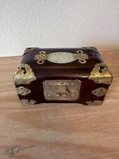 VTG Chinese Jade Inlay Wood Brass Jewelry Trinket Box Red Silk Lined Shanghai 6” picture