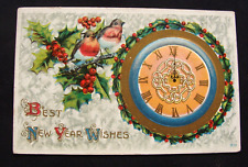 Courting Robins Birds on Holly Branch By Big Decorated New Year Clock Postcard picture