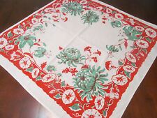 WOW~Vintage FLORAL Cotton Print Tablecloth~Red Jadeite Green Morning Glory Lily picture