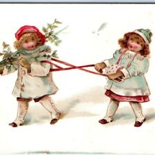 c1880s Cute Victorian Little Girls Winter Fashion Trade Card Child Leash Old C35 picture