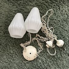 Pair swag MCM Ribbed Pendant White Milk Glass Shade & chain 8.5