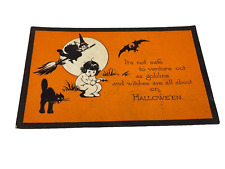 1921 Antique Halloween Black & Orange Postcard Black Cat, Witch, Broom, Bat picture