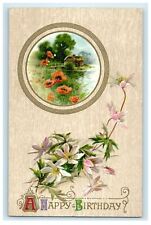 1910 Birthday Flowers Scene Bridge And Old House Winsch Back Embossed Postcard picture