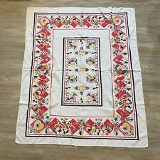 Vintage Folk Art Folky Linen Tablecloth Hearts Roosters Dutch Figures Rectangle picture