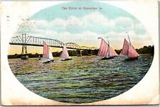 Postcard IA River at Muscatine sailboats and bridge 1908 picture
