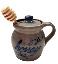 Vtg Rowe Pottery Works 1993 Salt Glazed Lidded Honey Pot Jar w/ Wood Dipper, EUC picture