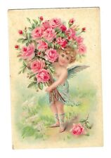 Early 1900's Tucks Birthday Postcard, Angel Boy Holding Roses Embossed picture