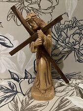 Vintage Israel Holy Land Carved 10.5” Jesus Christ Carrying Cross Olive Wood picture