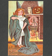 Antique 1909 A Merry Halloween Cute Witch Girl Owl JOL Sanders 366 SA1 PostCard picture