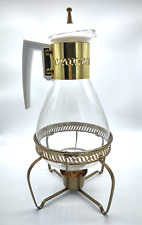 Vintage MCM Brass Glass Coffee Tea Carafe Pot With Warmer Stand Base picture