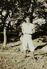 Handsome Man With Arms Behind Back Standing By Trees B&W Photograph 3 x 4 picture