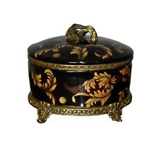 Vintage Hand Painted Asian Style Oval Box w/Lid & Brass Ormolu picture