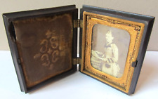 SMALL Antique 1860s GUTTA PERCHA Case YOUNG WOMAN with Books TINTYPE picture