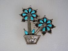 OLD ZUNI STERLING SILVER & PETITPOINT TURQUOISE FLOWERPOT PIN NECKLACE PENDANT picture